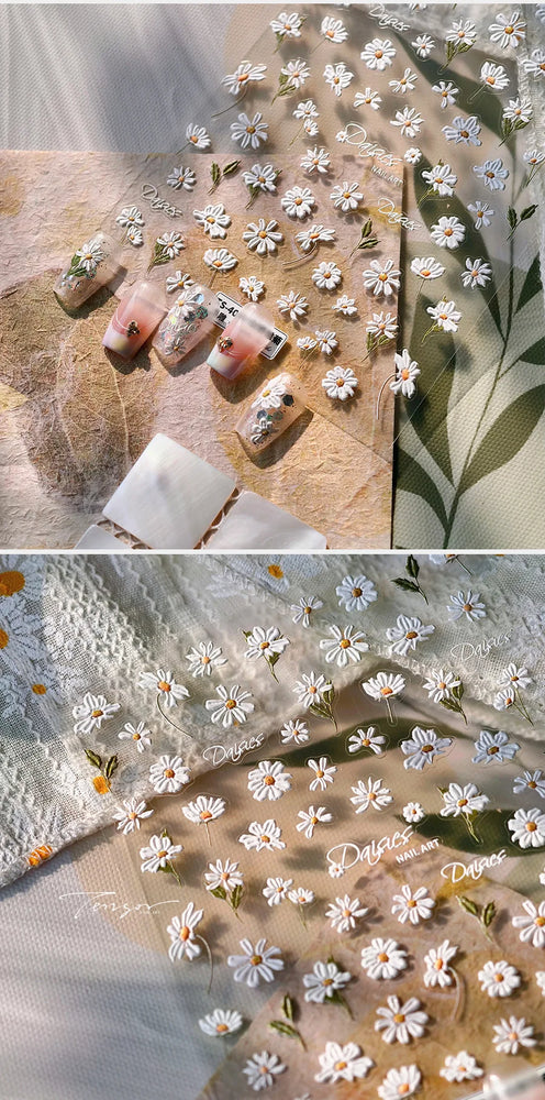 Mountain Daisy Wild Flower Mini Green Leaves White Petal Romantic Embossed Reliefs Adhesive Nail Art Stickers Manicure Decals (ONLINE ORDER ONLY)