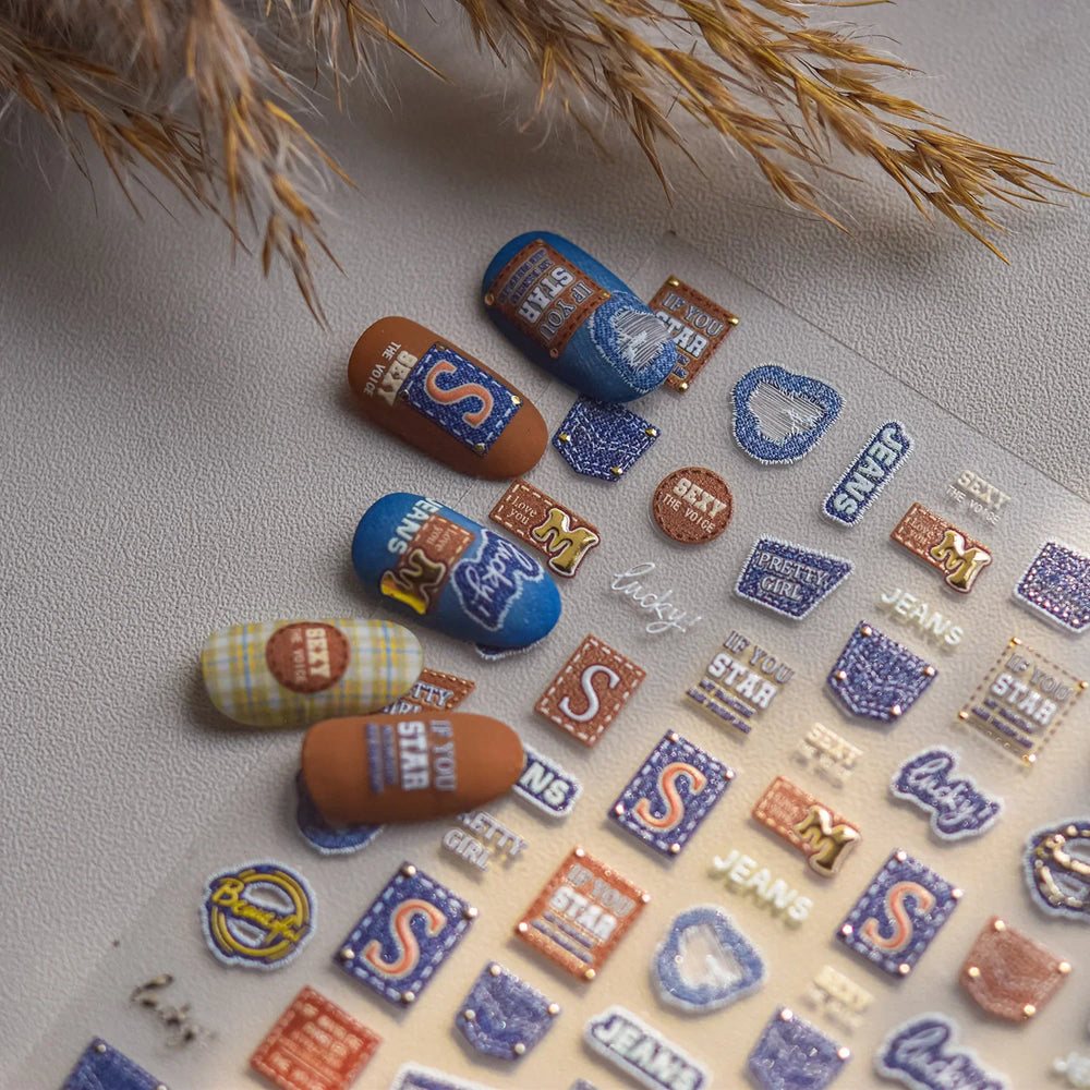 Round Jeans Square Sexy Blue Series Cowboy Lucky Beautiful Letter Self Adhesive Nail Art Sticker Pearl Rhinestone Manicure Decal (ONLINE ORDER ONLY)