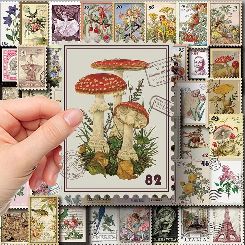 Vintage Stamp Flower Mushroom Butterfly Stickers for Laptop Luggage Skateboard Decals (Online Order Only)