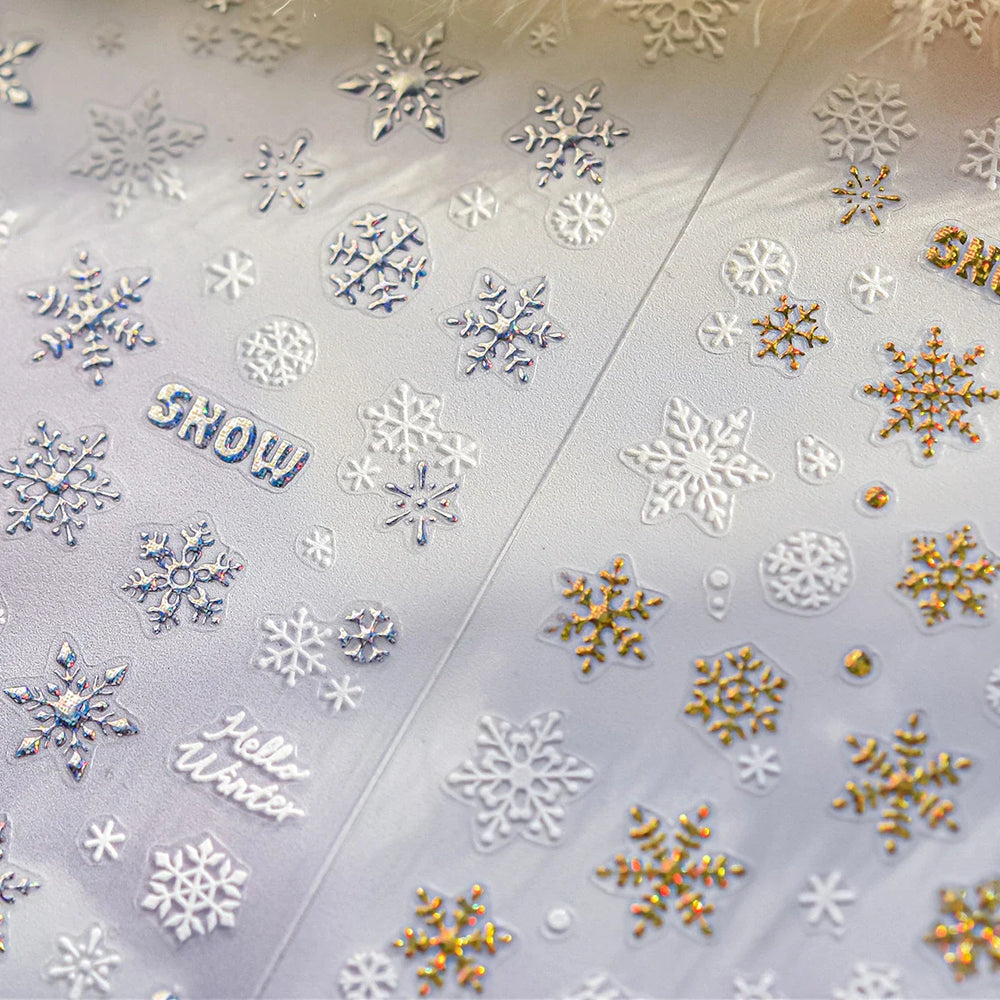 Shiny Snow Delicate Gold Pink Silver White Romantic Winter Self Adhesive Nail Art Stickers Snowflake Rhinestone Manicure Decals (ONLINE ORDER ONLY)