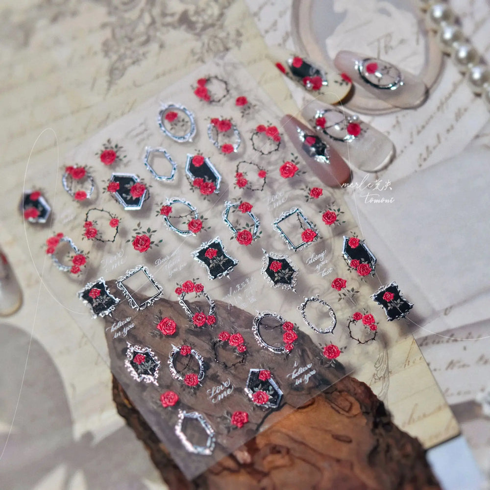 Metal Effect Rose Flower Pattern Totem Photo Frame Self Adhesive Nail Art Sticker Romantic Chic Wreath Rhinestone Manicure Decal (Online Order Only)