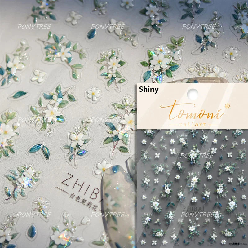Delicate Chic White Flower Jelly Green Leaves Red Fruits Lily Gardenia Self Adhesive Nail Art Stickers Rhinestone Manicure Decal (Online Order Only)