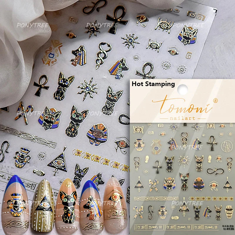 Mysterious Egyptian Cat Totem Eye Symbol Black Pharaoh Kitty Paw Sun Self Adhesive Nail Art Stickers Manicure Decals Wholesale (Online Order Only)