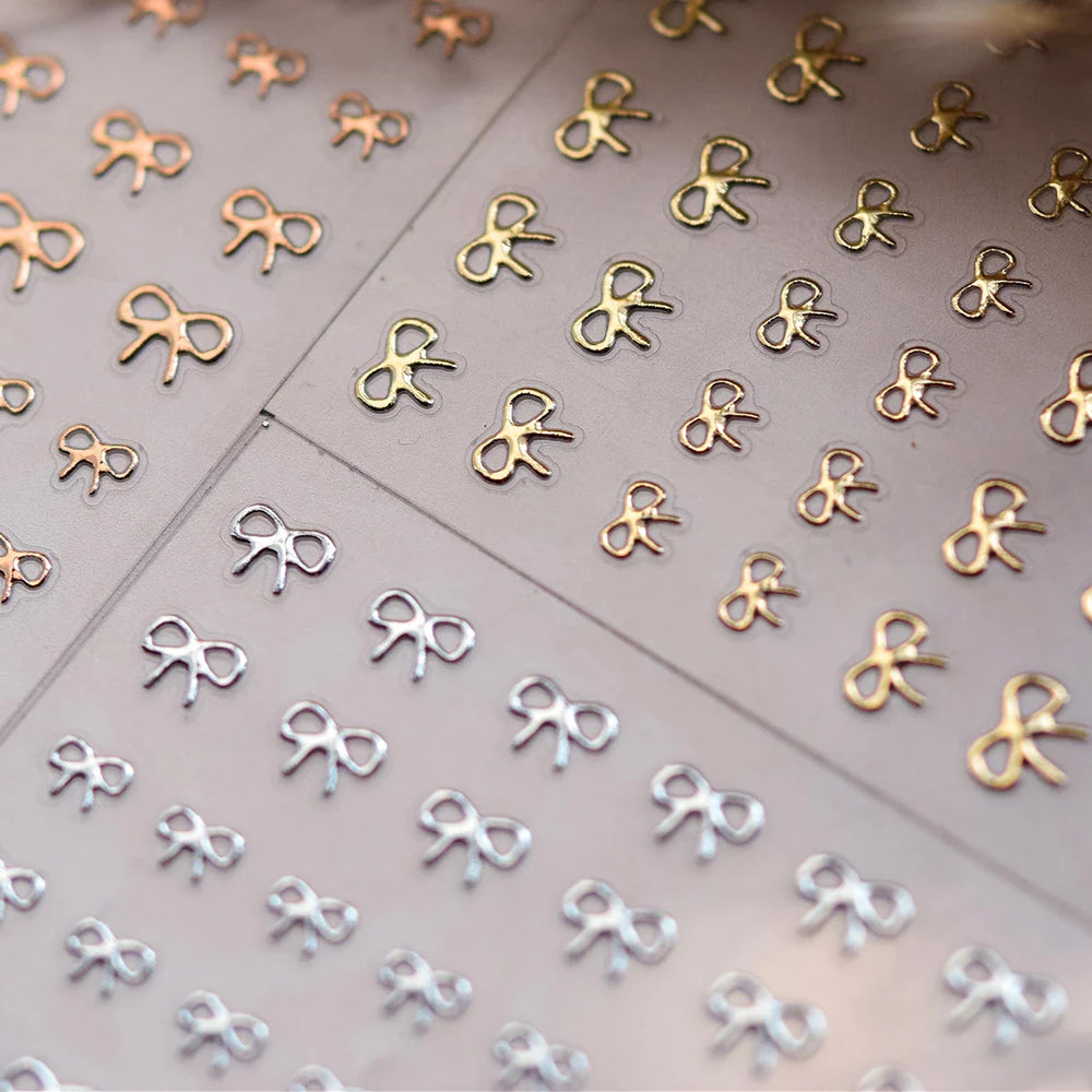 Shiny Pink Silver Gold Bowknot Tie Line Mini Delicate 3D 5D Self Adhesive Nail Art Stickers Embossment Rhinestone Manicure Decal (Online Order Only)