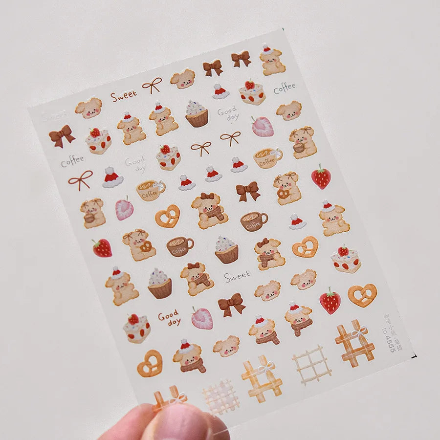 Bowknot Dog puppy Christmas Hat Strawberry Cake Food Coffee Cherry Love Heart Adhesive Nail Art Sticker Reliefs Manicure Decals (Online Order Only)