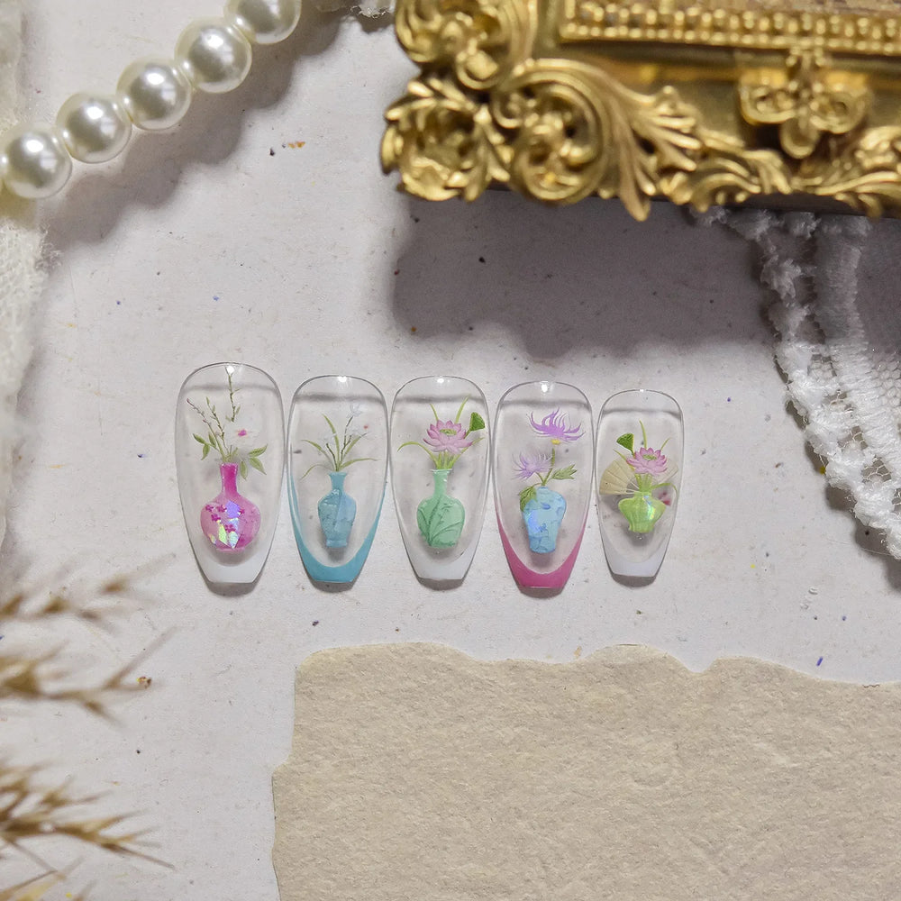 Orchid Daisy Chrysanthemum Peach Blossom Lotus Flower Vase Floral Art Fan Wintersweet Adhesive Nail Art Stickers Manicure Decals (Online Order Only)