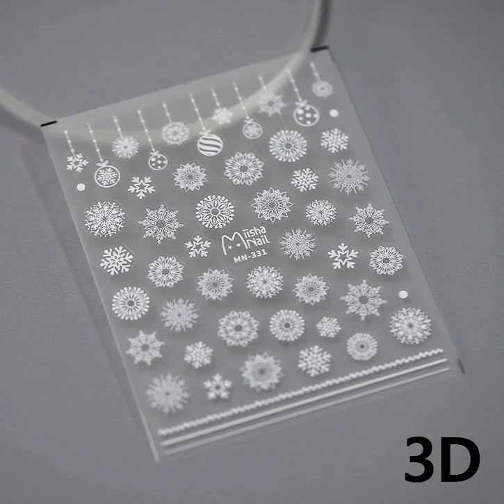 Hot Stamping Romantic White Gold Snowflakes Hexagon Winter 3D Self Adhesive Nail Art Stickers Shiny Rhinestone Manicure Decals (Online Order Only)