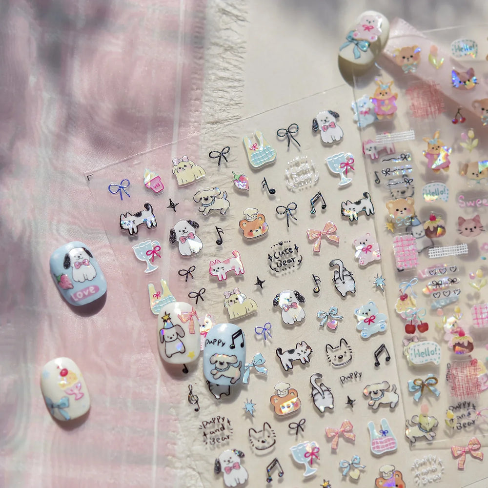 Lovely Animals Cat Dog Bear Party Puppy Kitten Cake Bowknot Flower Love Heart Lace Gird Adhesive Nail Art Sticker Manicure Decal (ONLINE ORDER ONLY)