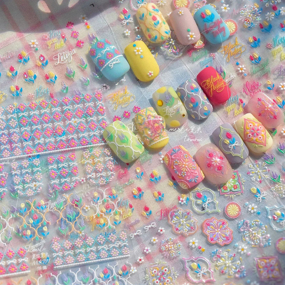 Chic Lavender Tulip Flower Bowknot Totem Center Symmetric Pattern Daisy Line Gird Self Adhesive Nail Art Stickers Manicure Decal (ONLINE ORDER ONLY)