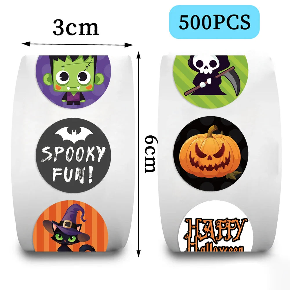 500pcs/Roll Halloween Horror Cartoon Round Sealing Stickers DIY PVC Laptop Decals Decoration Stiker Reward Gift Toys (ONLINE ORDER ONLY)
