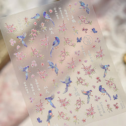 Pink Peach Blossom Blue Magpie Butterfly Bird Wing Tree Branch Animals Plants Shiny 3D Adhesive Nail Art Stickers Manicure Decal (ONLINE ORDER ONLY)