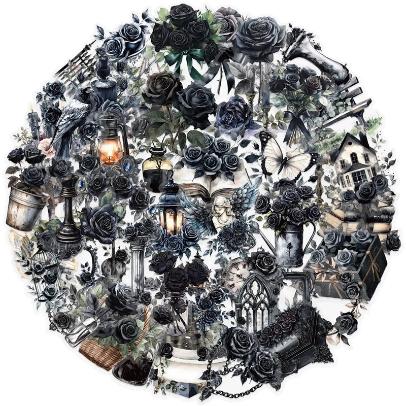 50PCS Kawaii Black Rose PET Sticker Aesthetic Transparent Decoration Scrapbooking Stationery DIY Hand Accounting Supplies (ONLINE ORDER ONLY)