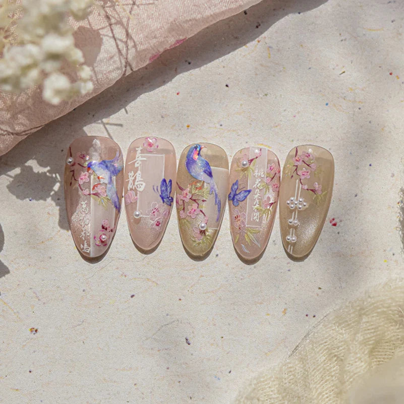 Pink Peach Blossom Blue Magpie Butterfly Bird Wing Tree Branch Animals Plants Shiny 3D Adhesive Nail Art Stickers Manicure Decal (ONLINE ORDER ONLY)