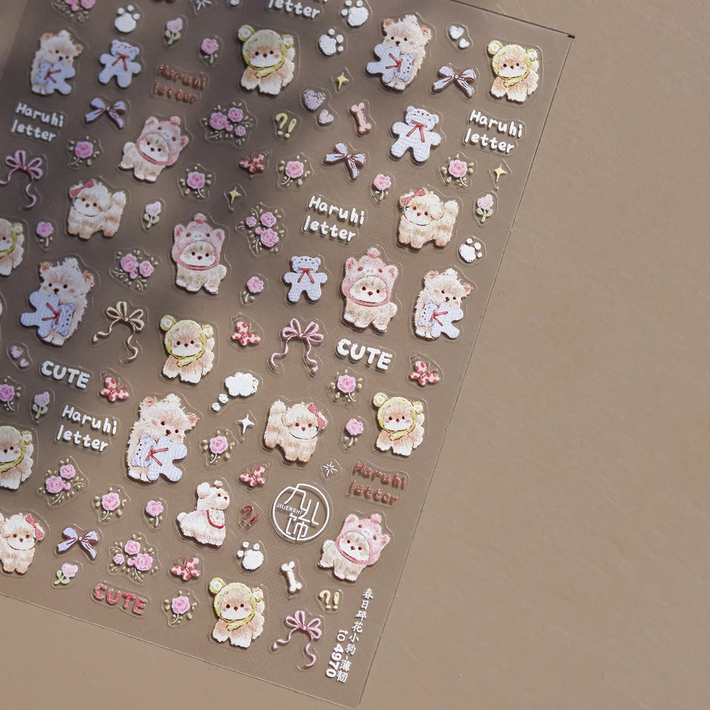 Spring Dog Bear Toy Rose Flower Floral Print Letter Bone Butterfly Cat Puppy Relief Adhesive Nail Art Stickers Manicure Decals (Online Order Only)