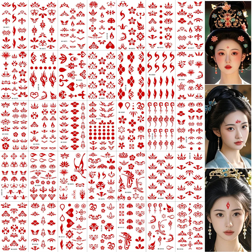 35pcs Eyebrow Flowers Stickers Red Dot Forehead Lotus Stickers Waterproof And Long Lasting Realistic Temporary Tattoo Stickers * (ONLINE ORDER ONLY)