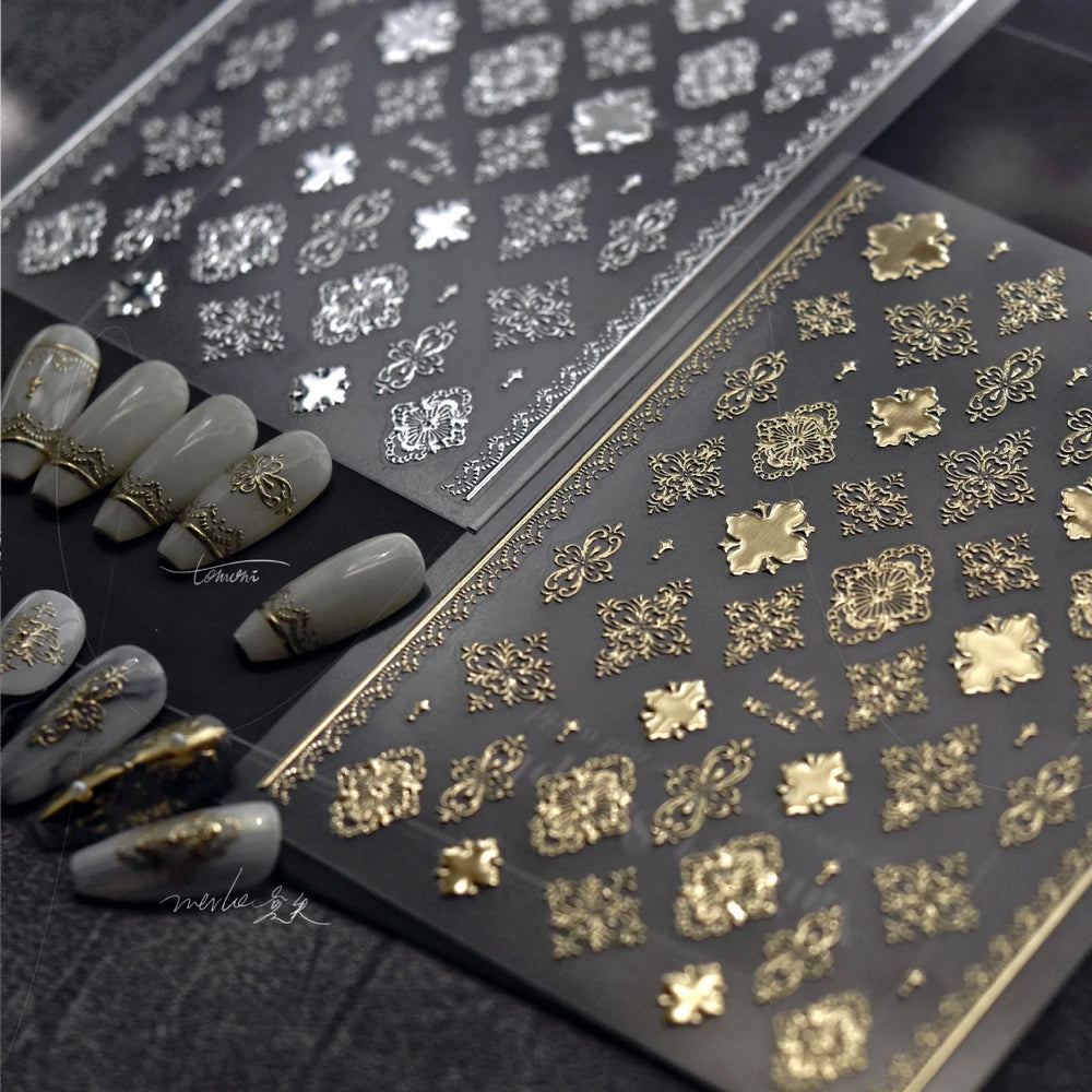 Gold Stamped Silver Totems Geometric Patterns Figure 5D Self Adhesive Nail Art Stickers Stars Bohemia Manicure Decals Wholesale (Online Order Only)