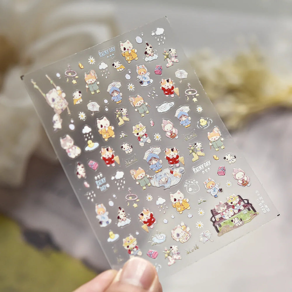 Cute Little Cat Colourful Flower Bowknot Umbrella Rain Boot Paintings Paper Boat Daisy Duckling Nail Art Sticker Manicure Decals (ONLINE ORDER ONLY)