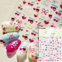 Lovely Red Fruit Strawberry Cherry Bowknot Love Heart Star Silk Ribbon Chic Rhinestone Adhesive Nail Art Stickers Manicure Decal (ONLINE ORDER ONLY)