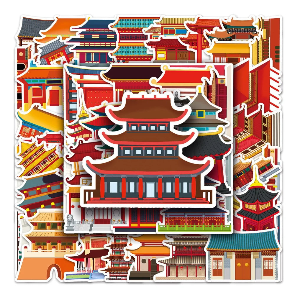 10/50pcs Antique Building House Stickers Personalized Chinese Style Stickers DIY Mobile Phone Case Suitcase Stickers Waterproof (Online Order Only)