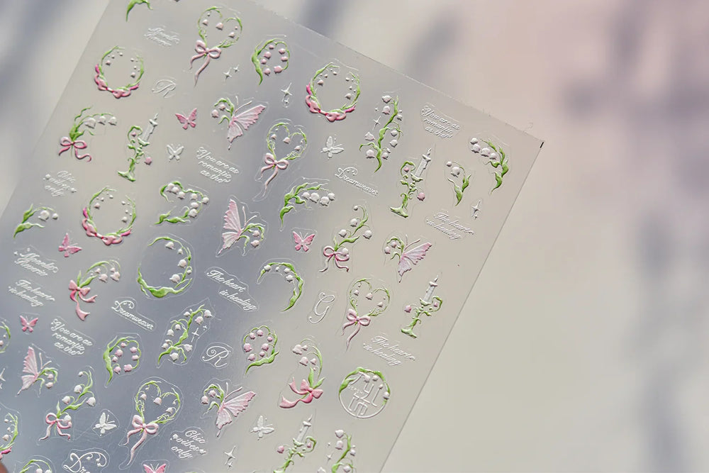 Romantic Lily of The Valley Candle Holder Wreath Bowknot Butterfly Dreamy Adhesive Nail Art Decorations Stickers Manicure Decals (Online Order Only)