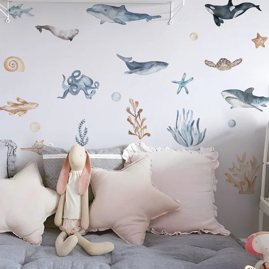 Cartoon Marine Animal Wall Stickers - Octopus & Sharks Decor for Bedroom & Nursery (ONLINE ORDER ONLY)