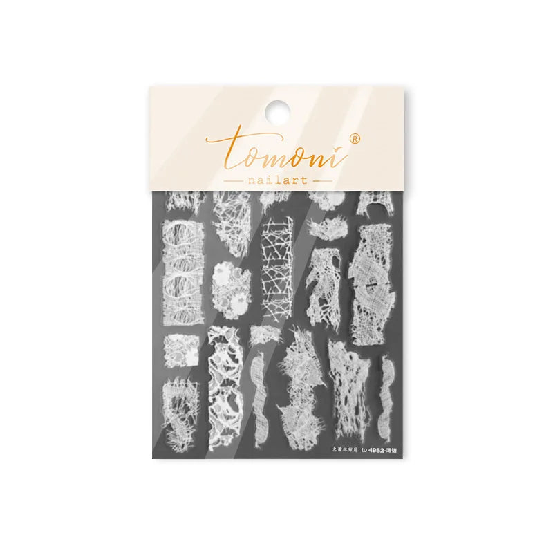 Retro White Lace Bandage Line Bowknot Irregular Fabric Cording Square Calligraphy Adhesive Nail Art Sticker 3D Manicure Decals (ONLINE ORDER ONLY)