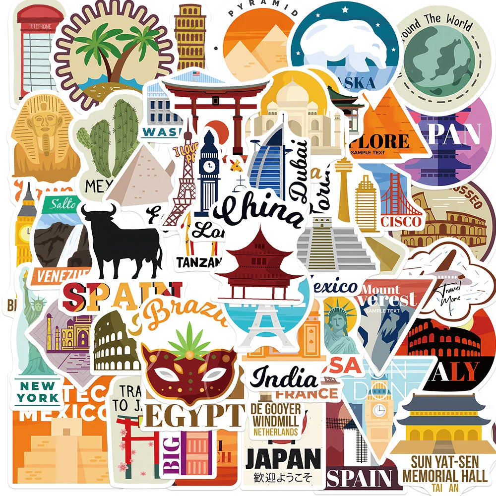 50Pcs World City Landmark Stickers Pack For Scrapbook Stationery Ipad Phone Laptop DIY Cartoon Sticker Journaling Decals (ONLINE ORDER ONLY)