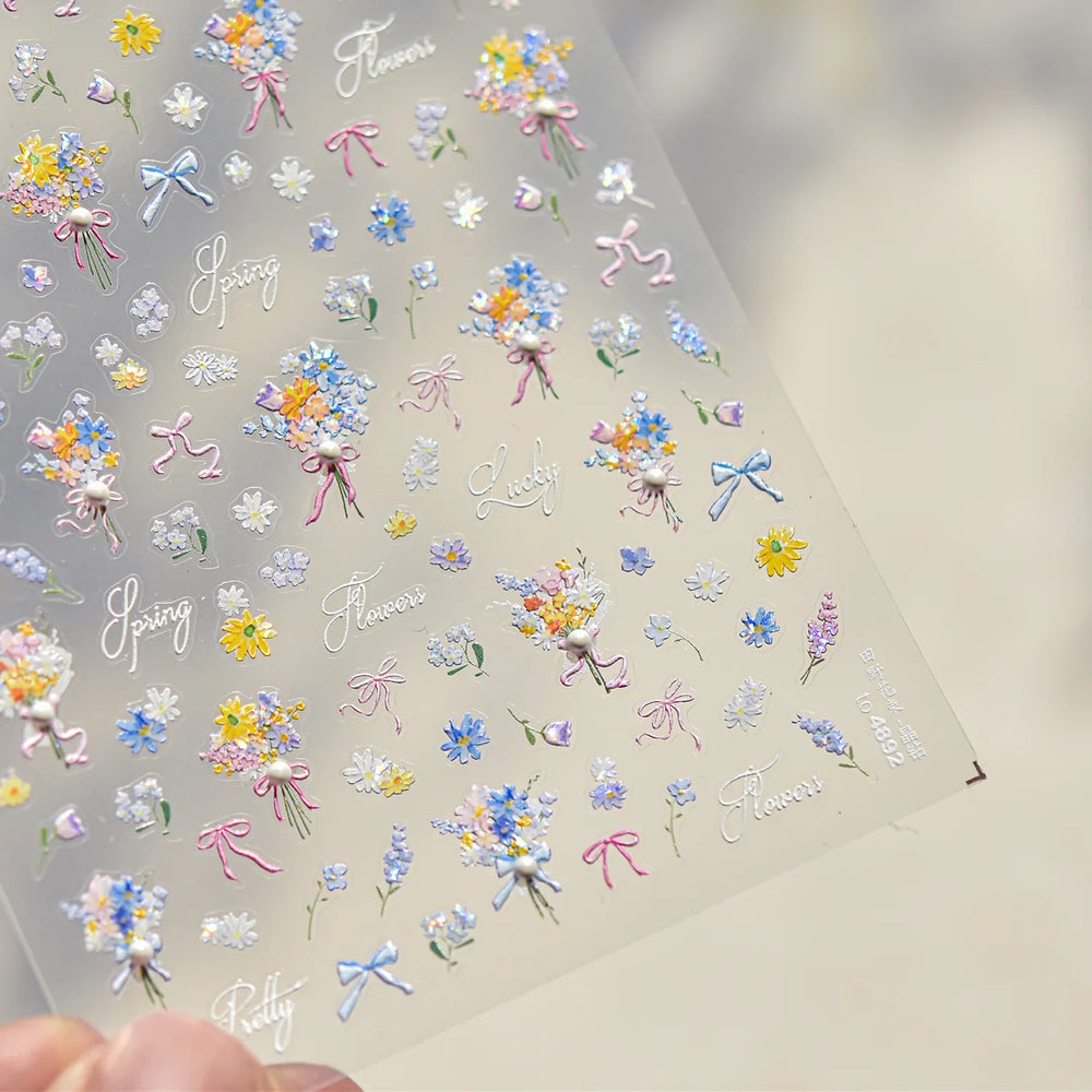Colourful Field Bouquet Flower Spring Field Violet Daisy Bowknot Butterfly 5D Relief Adhesive Nail Art Stickers Manicure Decals (ONLINE ORDER ONLY)