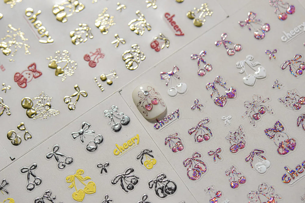Colourful Cherry Abundant Fruits Bowknot Shiny White Line Outline Self Adhesive Nail Art Stickers Chic Rhinestone Manicure Decal (ONLINE ORDER ONLY)