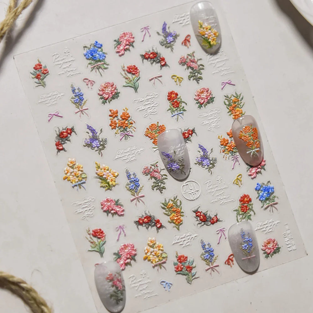 Dried Flower Lavender Bowknot Peony Pomegranate Flowers Bouquet Rose Chic Reliefs Self Adhesive Nail Art Stickers Manicure Decal (ONLINE ORDER ONLY)