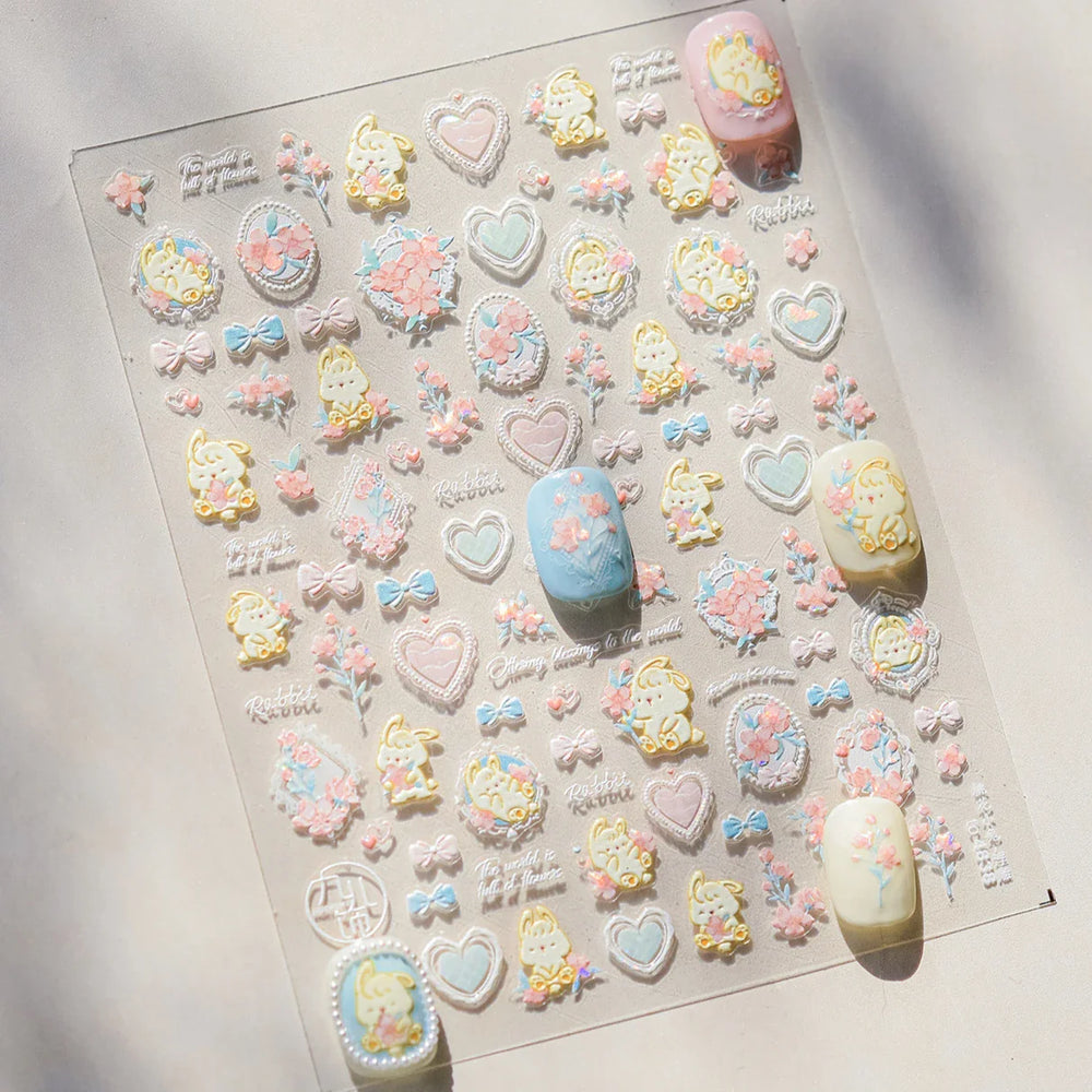 Peach Blossom Flower Yellow Rabbit Bunny Love Heart Delicate Totem 5D Self Adhesive Nail Art Stickers Rhinestone Manicure Decals (ONLINE ORDER ONLY)