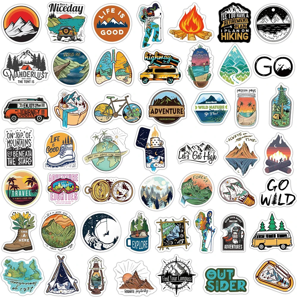 10/30/50PCS Forest Hiking Camping Stickers Outdoor Explore Mountain Climbing DIY Travel Suitcase Laptop Helmet Bike Sticker Toys (ONLINE ORDER ONLY)