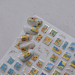Hot Stamping Colourful Sunflower Starry Night Impressionism Embossment Adhesive Nail Art Sticker Shiny Rhinestone Manicure Decal (Online Order Only)