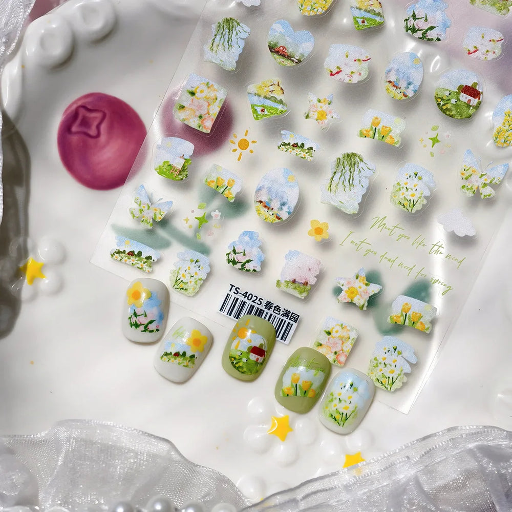 Painting Sketch Tulip Daisy Willows Scenery Daisy Colorful Flowers Sun Star Butterfly Wicker 3D Nail Art Stickers Manicure Decal (ONLINE ORDER ONLY)