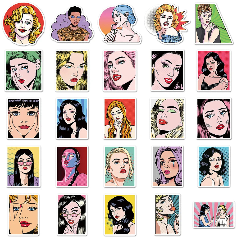 10/30/50pcs Retro Pop Style Girl Anime Stickers Decals Laptop Motorcycle Skateboard Car Phone Guitar Decoration Sticker Kids Toy (ONLINE ORDER ONLY)