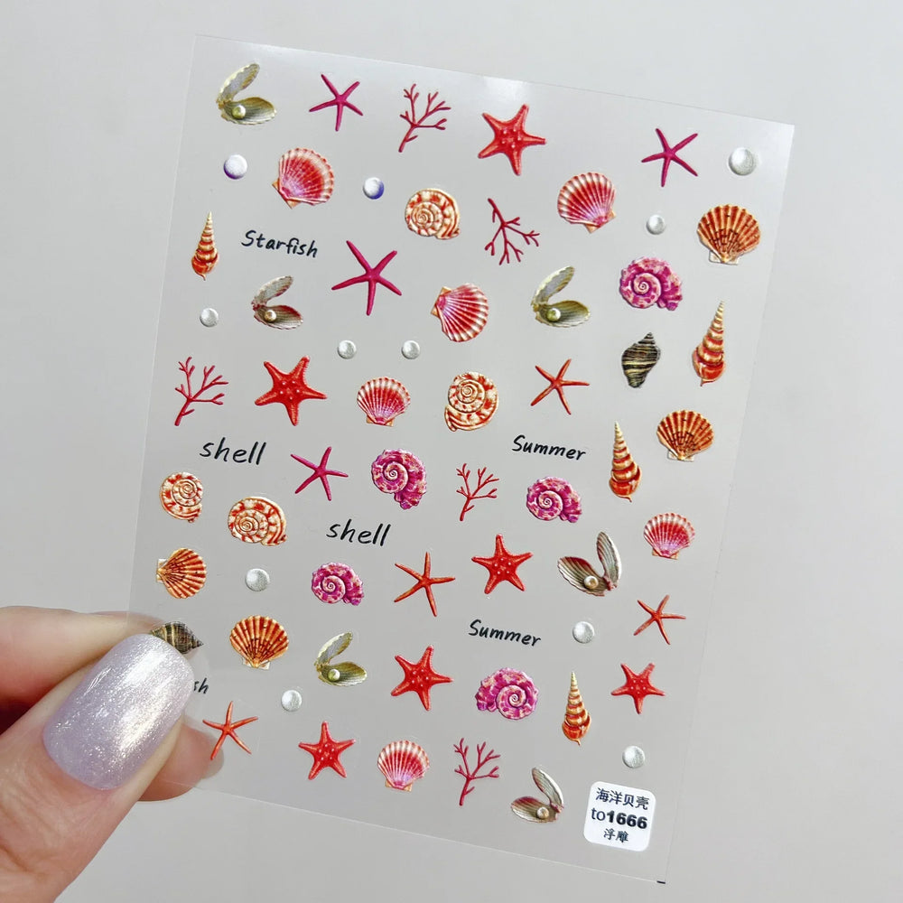 Fantasy Beach Summer Dreamy Colorful Seasnail Shell Pearl Conch Jelly Star 5D Decals Soft Relief 3D Decoration Nail Art Stickers (Online Order Only)