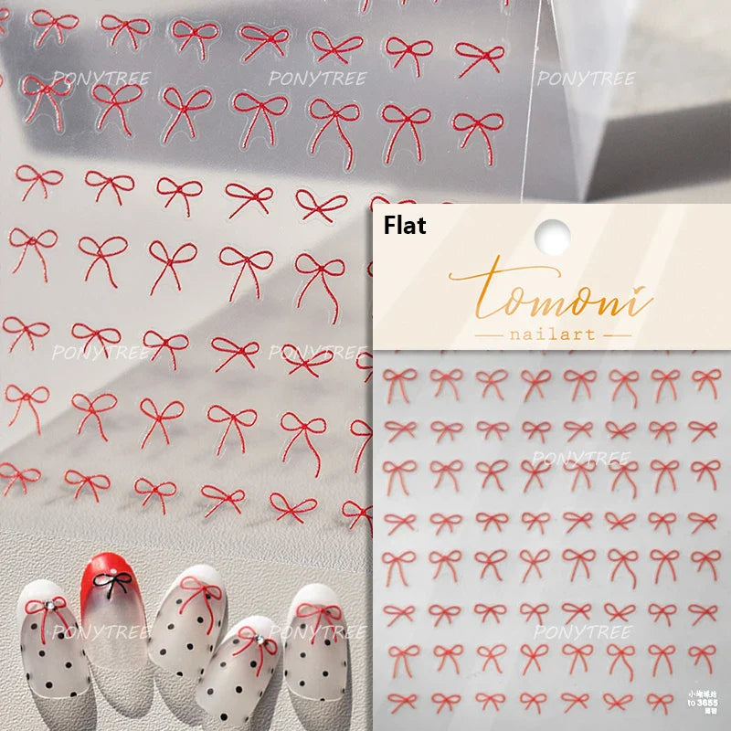 Simple Line Bowknot Red Gold Silver Laser Pink Hot Stamping 3D Self Adhesive Nail Art Stickers Pearl Rhinestone Manicure Decals (ONLINE ORDER ONLY)