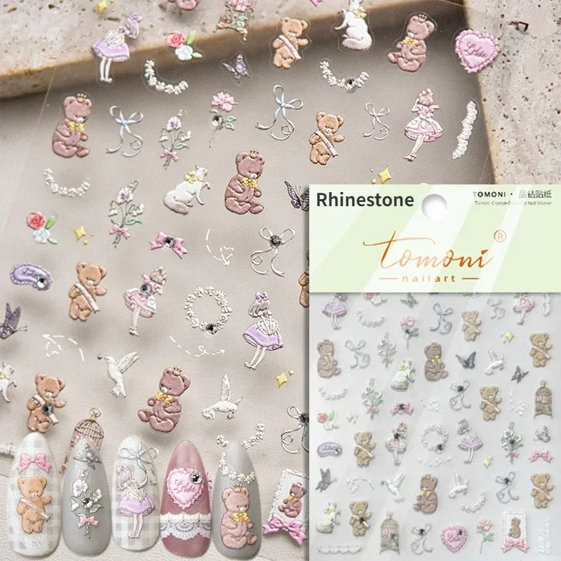 Charming Cherry's Cake Cute Bowknot Pink Blue Bear Flower Bouquet Strawberry Adhesive Nail Art Sticker Rhinestone Manicure Decal (Online Order Only)