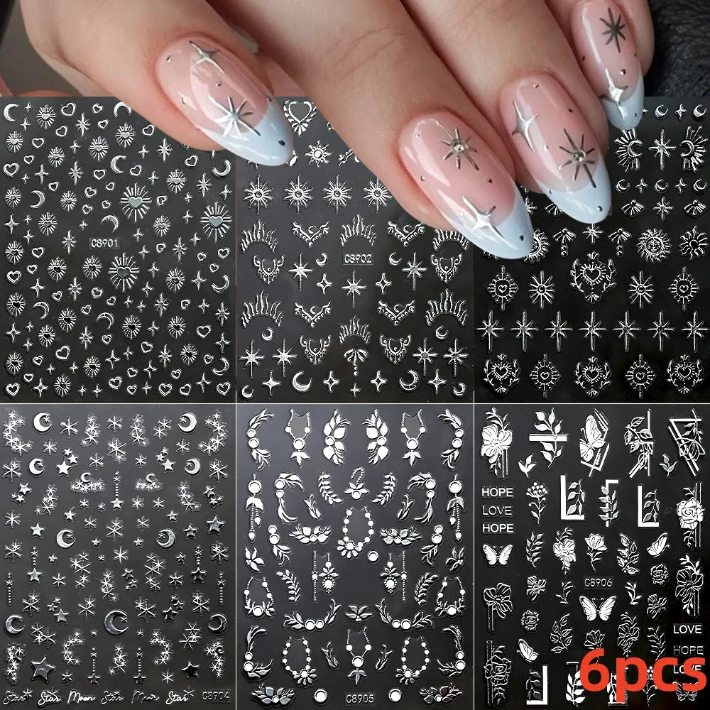 6pcs Mirror Silver Star 3D Nail Sticker Holographic Heart/Moon/Cross Design Self-Adhesive Decal Manicure Art Supplies Decoration (ONLINE ORDER ONLY)