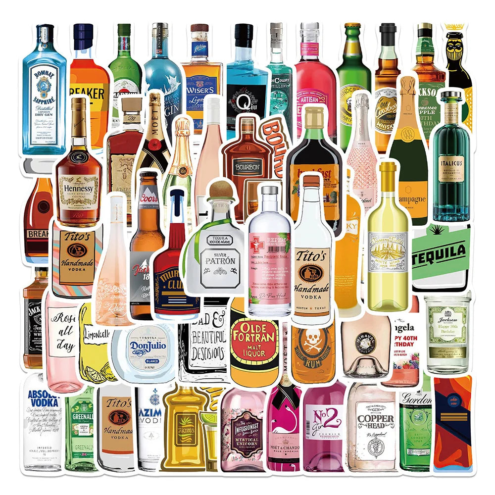 Colorful Champagne Beer Bottle Stickers for Laptop, Luggage, Skateboard, Kid Toys - 10/30/50PCS (Online Order Only)