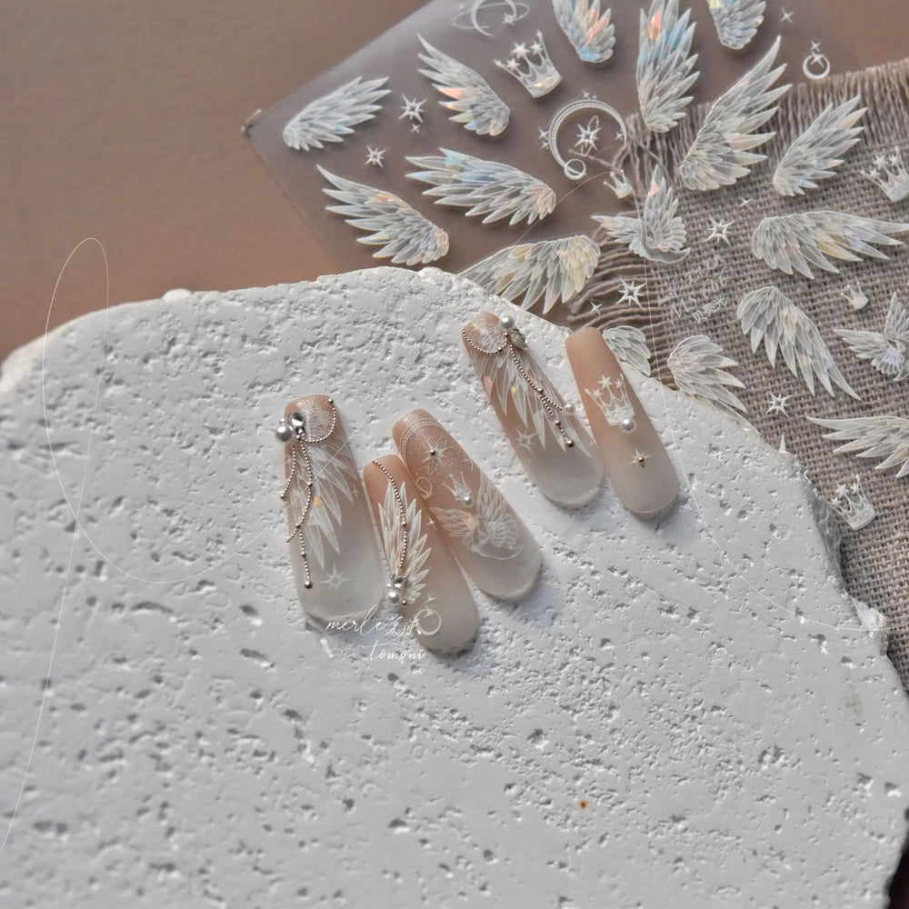 Charming White Shiny Pearl Rhinestone Wings Feathers Crown Moon Stars 3D Self Adhesive Nail Art Sticker Manicure Decal Wholesale (ONLINE ORDER ONLY)