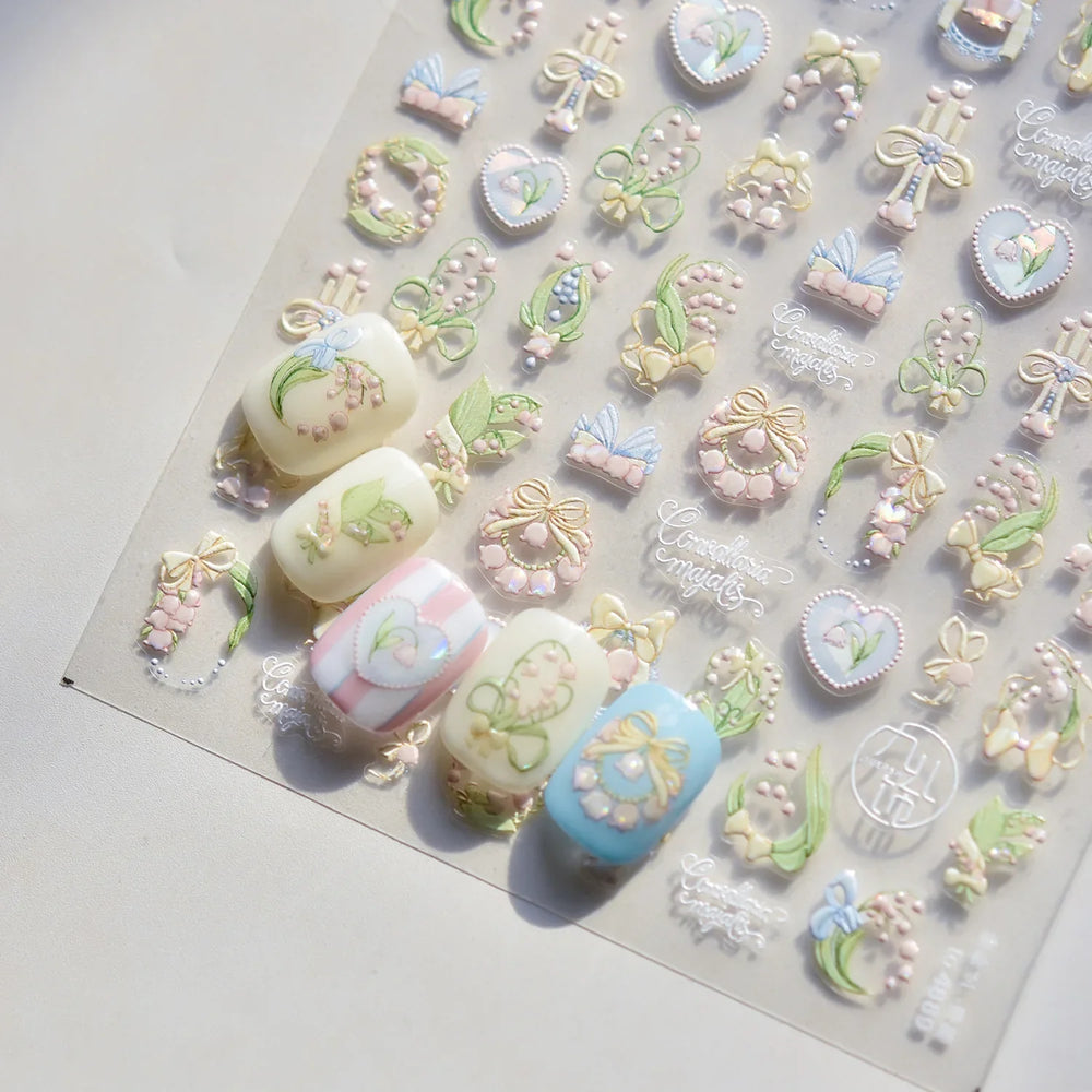 Spring Pink Lily of The Valley Flowers Blooming Blue Bowknot Heart 5D Soft Relief Self Adhesive Nail Art Sticker Manicure Decals (Online Order Only)