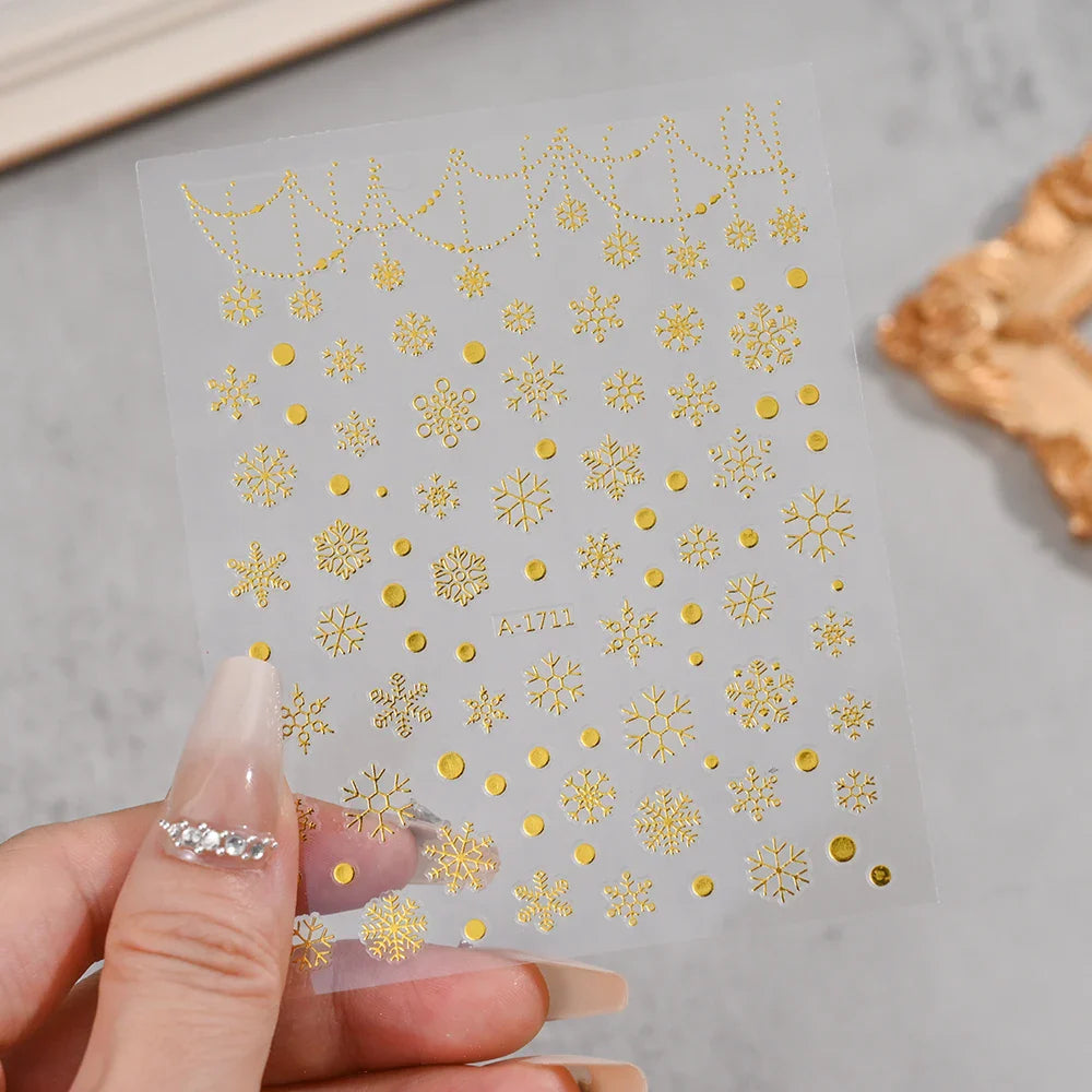 3D Gold Glitter Snowflake Nail Sticker Winter Reflective Elk Star Balloon Christmas Tree Foil Xmas New Year Decal Tips Decoratio (ONLINE ORDER ONLY)