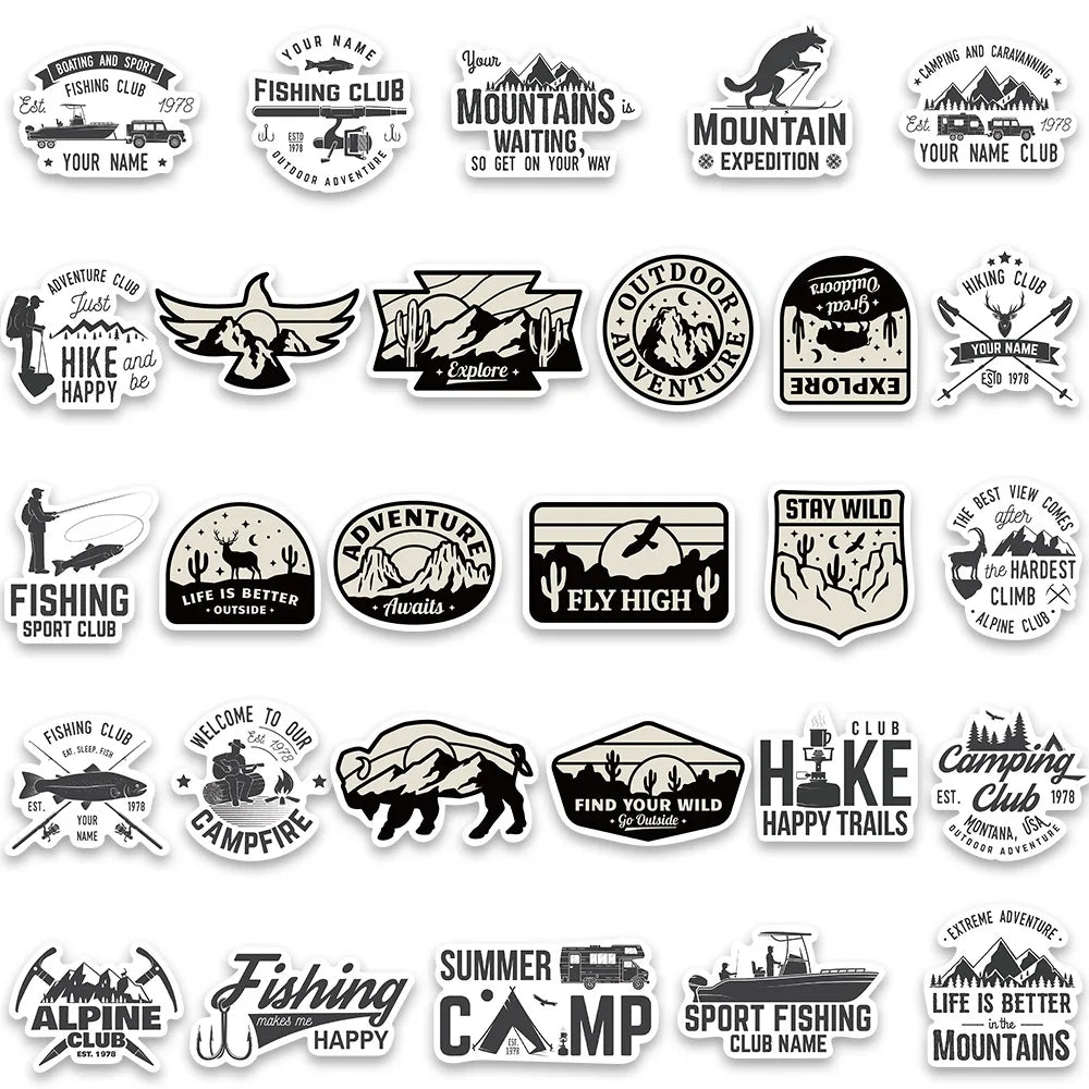 50Pcs Black and White Outdoor Sports Stickers Classic Car Motorcycle Skateboard Phone Laptop Adventure Stickers Wholesale (ONLINE ORDER ONLY)