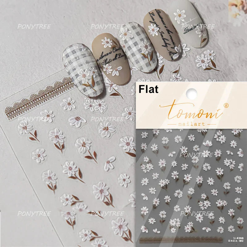 Cute Beige Yellow Pristine Fresh Daisy Flower 5D Shiny Soft Embossed Relief Charm Self Adhesive Nail Art Stickers Manicure Decal (ONLINE ORDER ONLY)