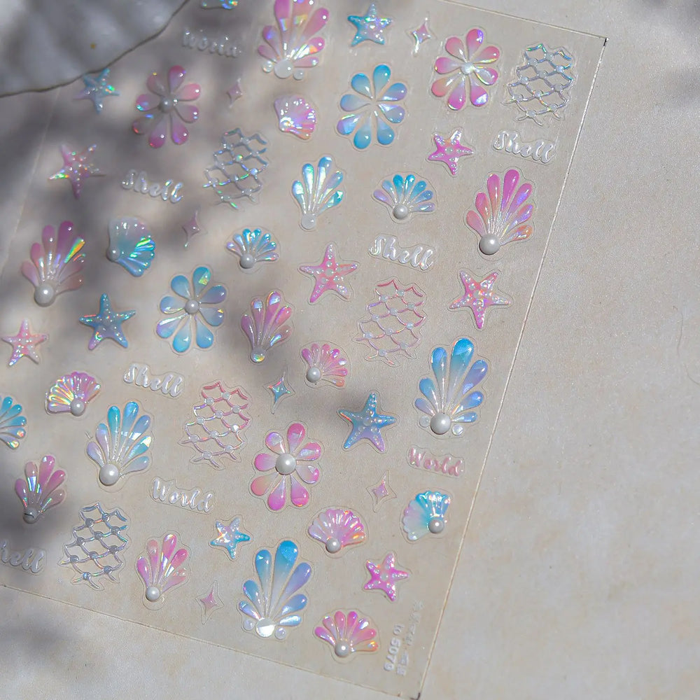 Marine Shell Starfish Ocean Elements Pearl Star Fishing Net Colourful Underwater Organisms 5D Nail Art Stickers Manicure Decals (Online Order Only)