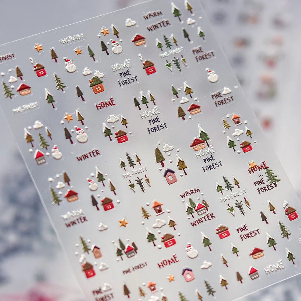 Snowman Tree House Cedar White Pine Forest Warm Winter Cloud Self Adhesive Nail Art Stickers Snowflake Star Snow Manicure Decals (ONLINE ORDER ONLY)