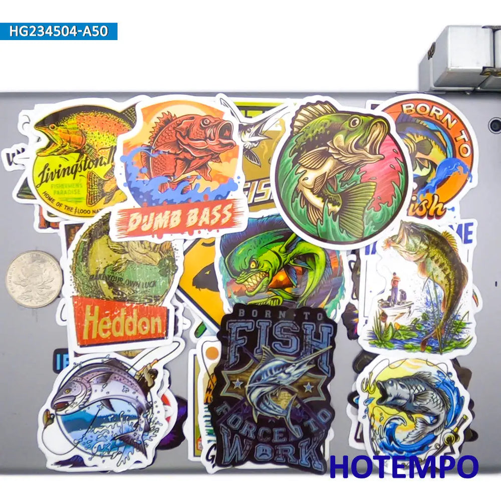 20/30/50Pieces Fisherman Style Go Fishing Stickers for Boats Fish Box Luggage Scrapbook Car Motorcycle Phone Laptop Sticker Toys (Online Order Only)