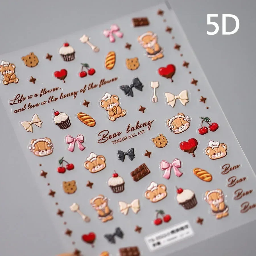 Bowknot Dog puppy Christmas Hat Strawberry Cake Food Coffee Cherry Love Heart Adhesive Nail Art Sticker Reliefs Manicure Decals (Online Order Only)