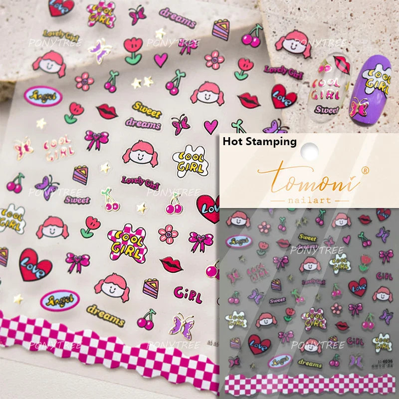 Colourful Cherry Abundant Fruits Bowknot Shiny White Line Outline Self Adhesive Nail Art Stickers Chic Rhinestone Manicure Decal (ONLINE ORDER ONLY)